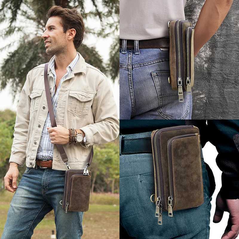 CONTACTS Crazy Horse Leather Men Crossbody Bag Casual Waist Pack Fanny Belt Bag For Male Small Phone Pocket Shoulder Bags C260406