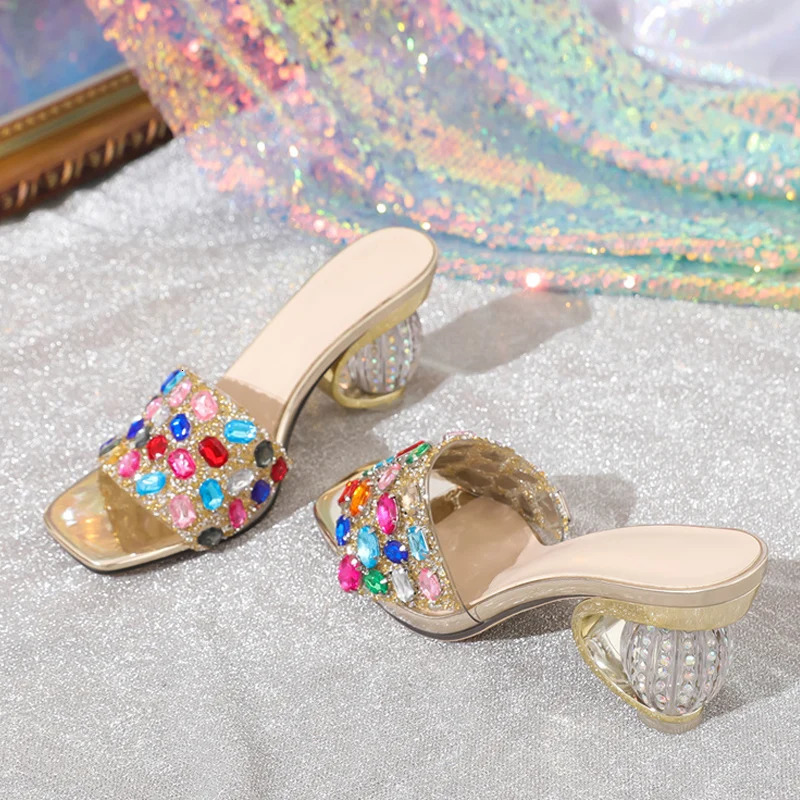 Liyke 2026 Fashion Mixed Color Gem Diamonds Women Strange Transparent Heels Slipper Summer Sandal Sexy Square Toe Dress Shoe 260331