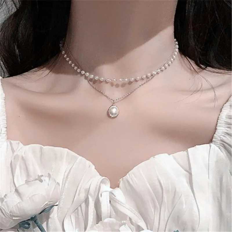 Double-layers Imitation Pearl Necklaces for Women Round Pearl Pendants Necklace Korean Fashion Charm Neck Accessories Collares H260406
