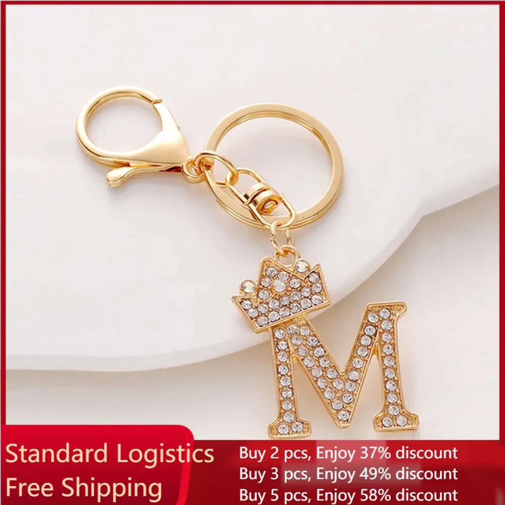 Rhinestone Crown 26 Letters Car Keychain Accessories Creative A-Z Initials Gold Keyring Women Bag Ornaments 260403BJ