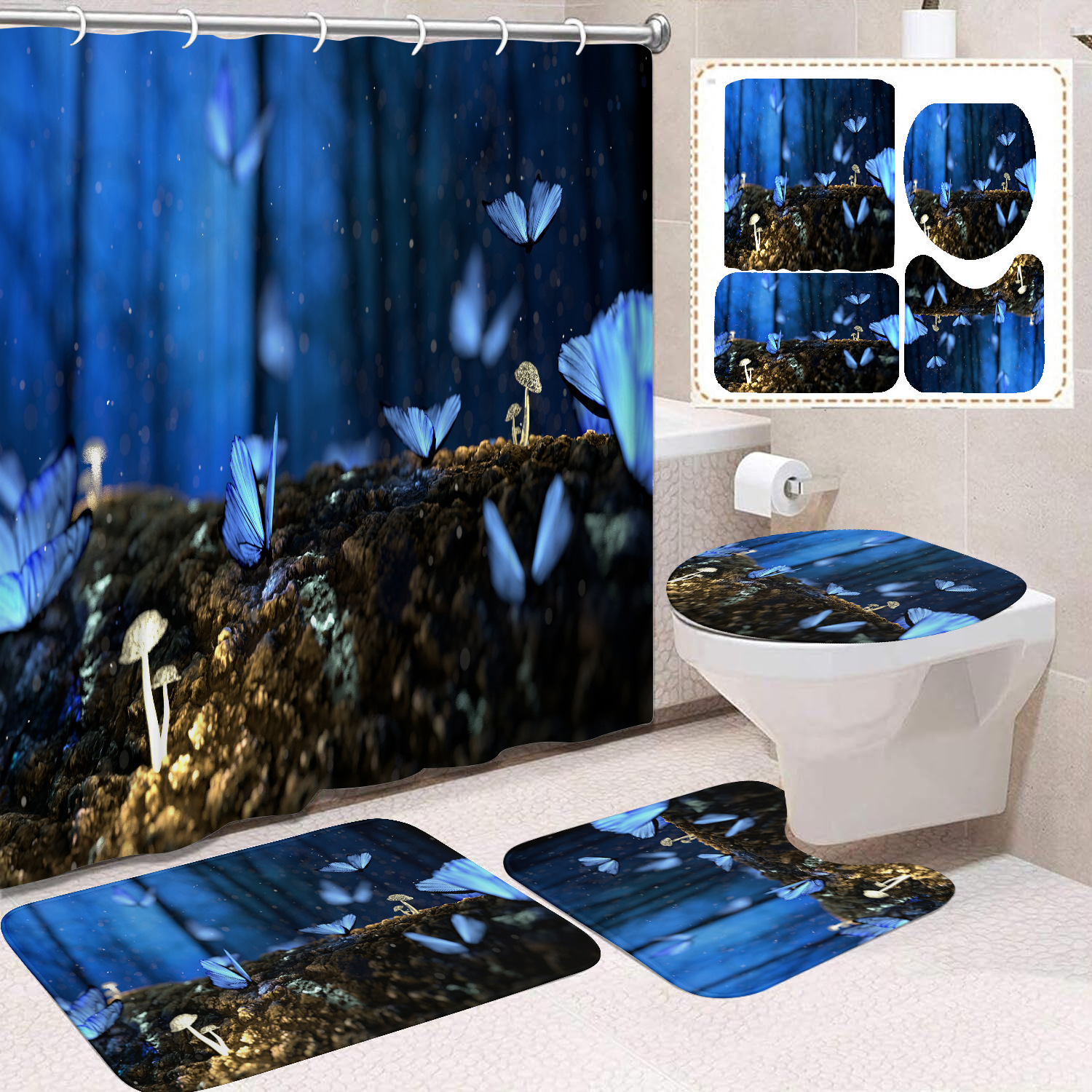 YL-38451 Home Decor Pink Butterfly and Flower Waterproof Shower Curtain Set (4 Pieces)