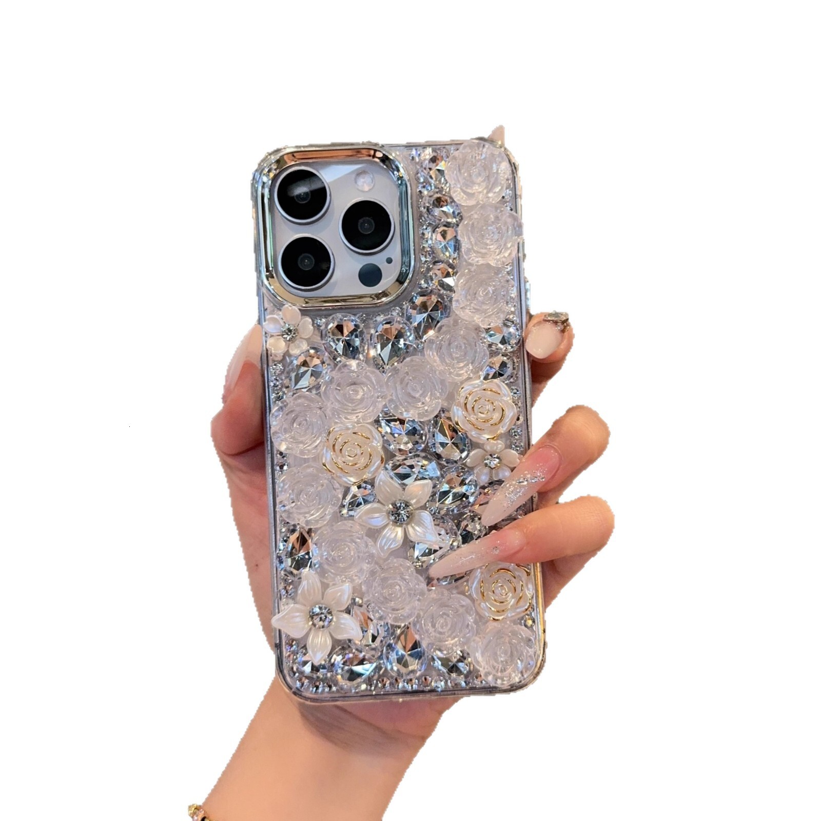Luxury Designer Handmade Bling Rose Flower Phone Case Full Sparkly Crystal Diamond Cover For Iphone 16 Pro Max 15 14 Rhinestone Protective Case For Fa