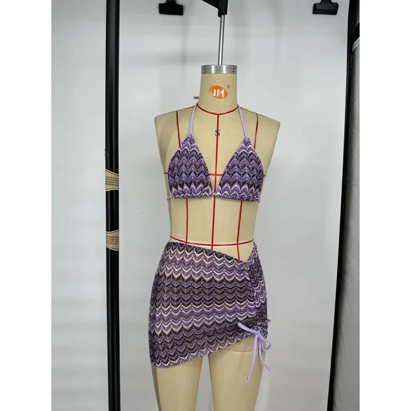Summer Womens Swimsuit 3 Piece Knitted Bikini Set with Wrap Coverup Halter Swimsuits for Beach Vacations 260402