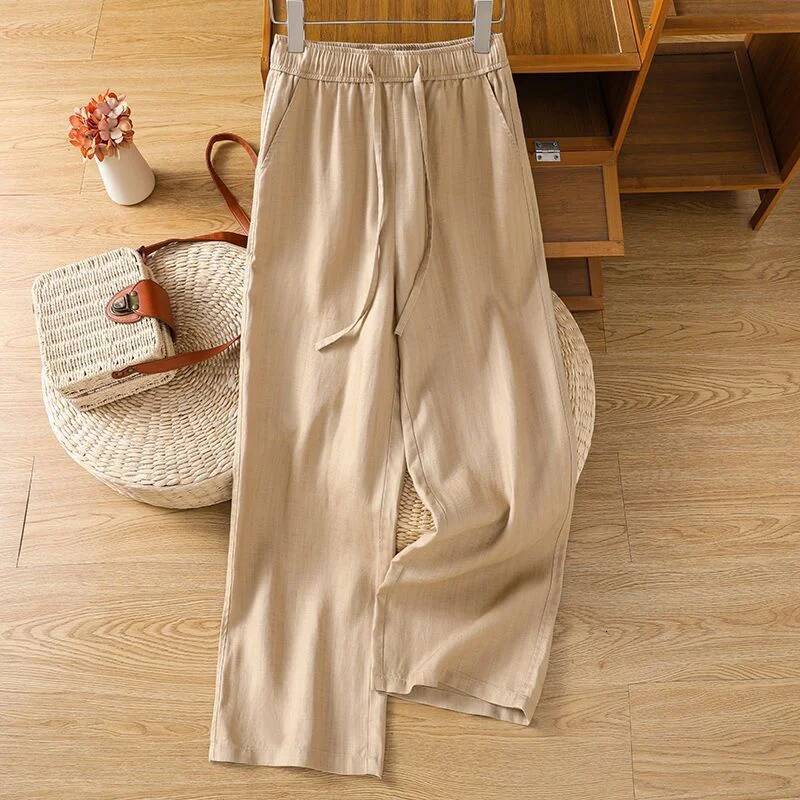 White Linen Wide Leg Pants Women Summer High Waist Relaxed Fit Casual Trousers Loose Floor Length ddmysept