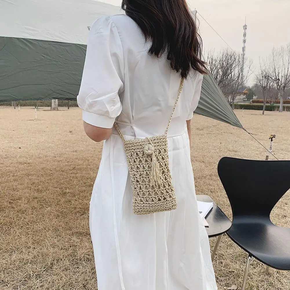 Ladies Vintage Rope Vacation Mini Phone Bag Female Straw Woven Shoulder Crossbody Bags Vacation Travel Shoulder Pouch C260406