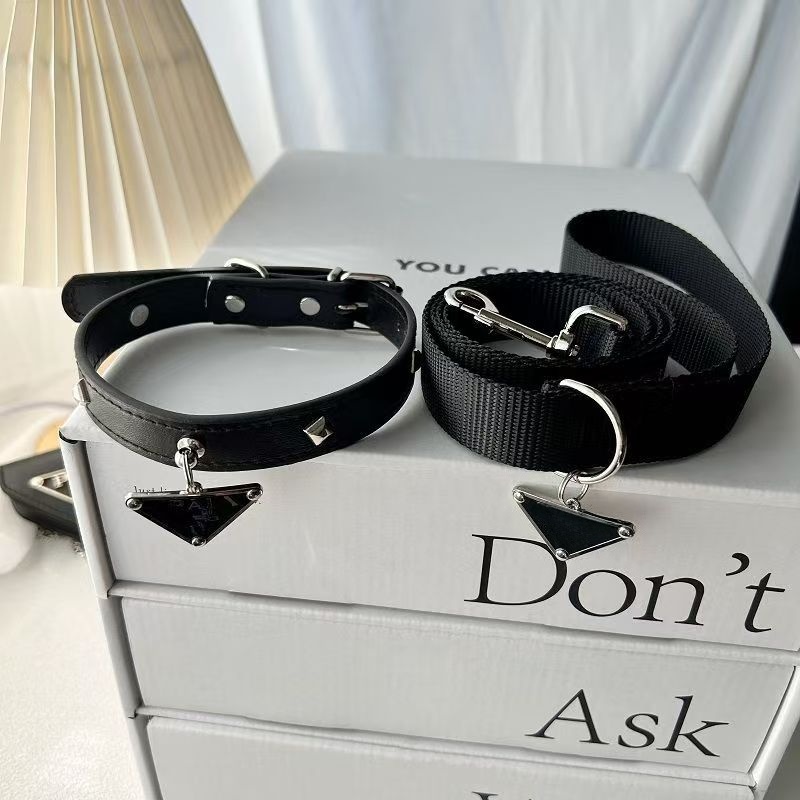 Designer Dog Collars and Leash Luxuy Leather Dog Collar with Classic Triangular Metal Charm Comfortable Adjustable Cats Collar