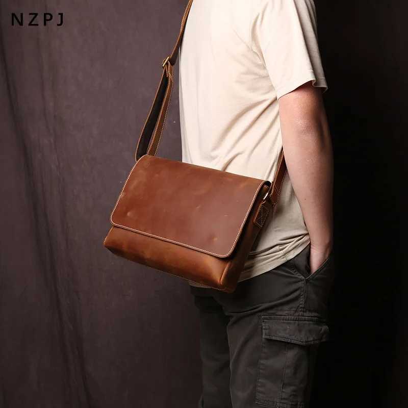 NZPJ Mens Leather Shoulder Bag Crazy-Horse Leather Horizontal Crossbody Bag Top Layer Leather Casual Ipad Bad C260406