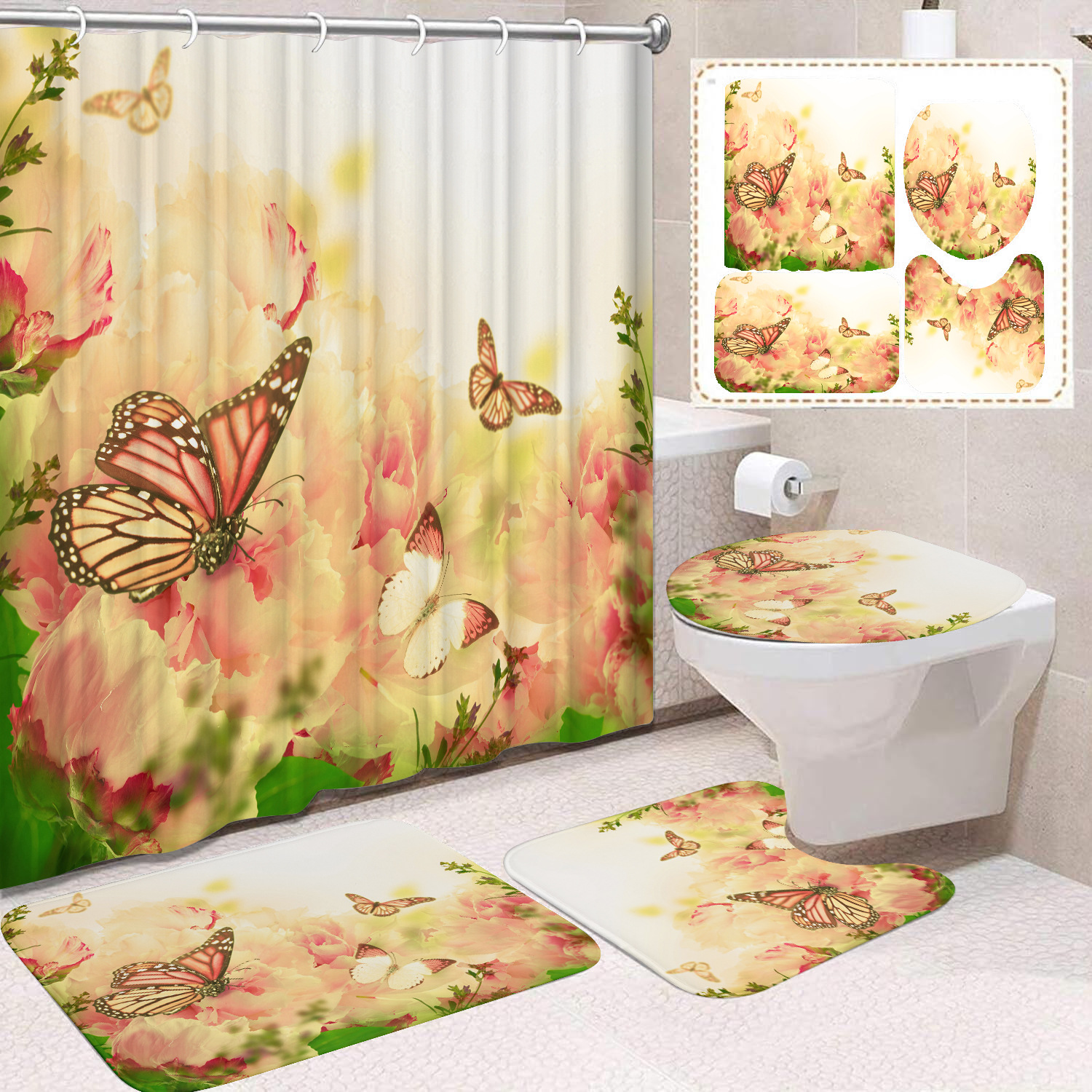 YL-38450 Home Decor Pink Butterfly and Flower Waterproof Shower Curtain Set (4 Pieces)