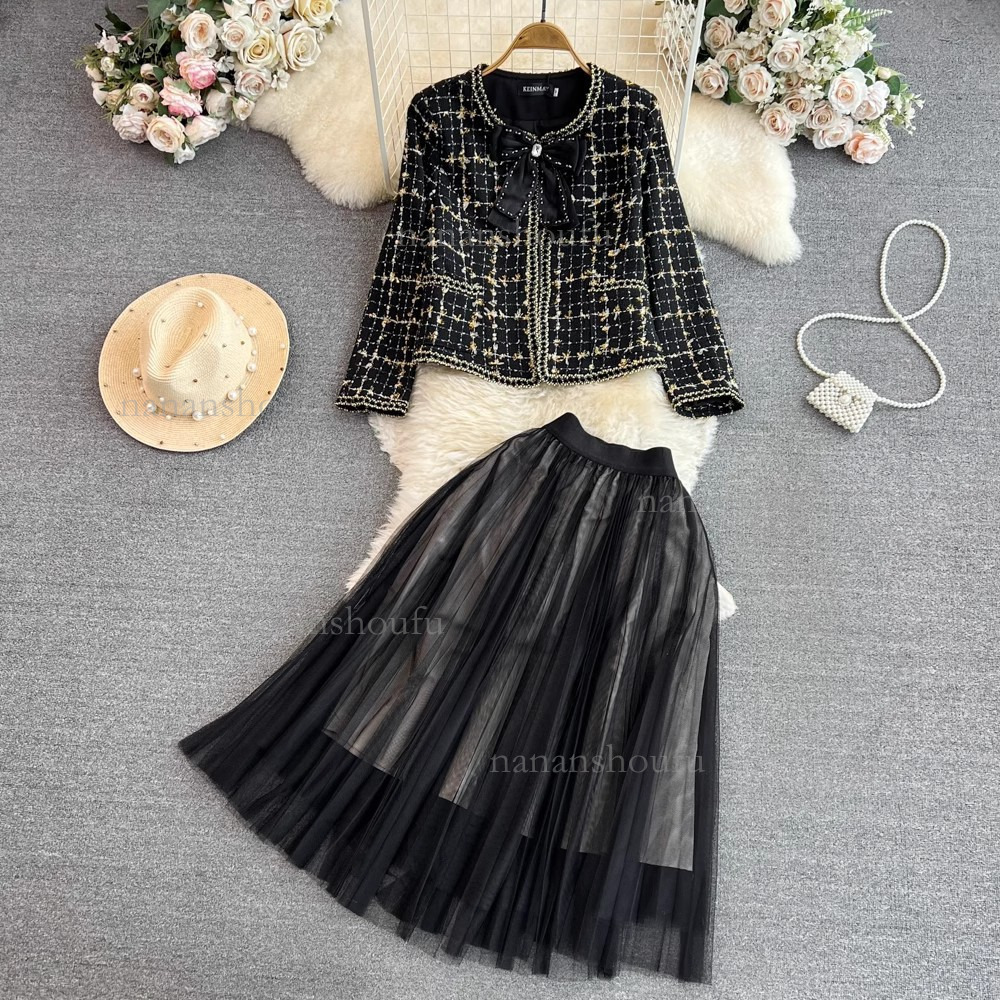 2026 Designer Set Luxury Fashion Brand Women's Elegant Embroidery Coarse Twill Round Neck Bow Jacket Top High Waist Mesh Mesh Maxi Skirt Date Ver