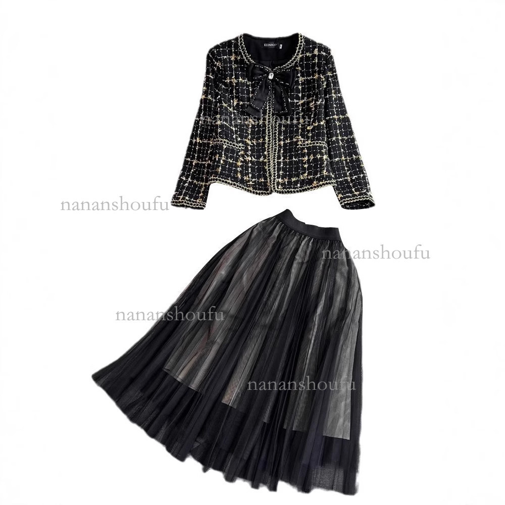 2026 Designer Set Luxury Fashion Brand Women's Elegant Embroidery Coarse Twill Round Neck Bow Jacket Top High Waist Mesh Mesh Maxi Skirt Date Ver