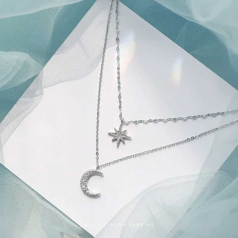 925 Silver Necklace for Women Double Layer Zircon Star Moon Pendant Necklace Delicate Chain Charm Elegant Fashion Jewelry Gifts H260406