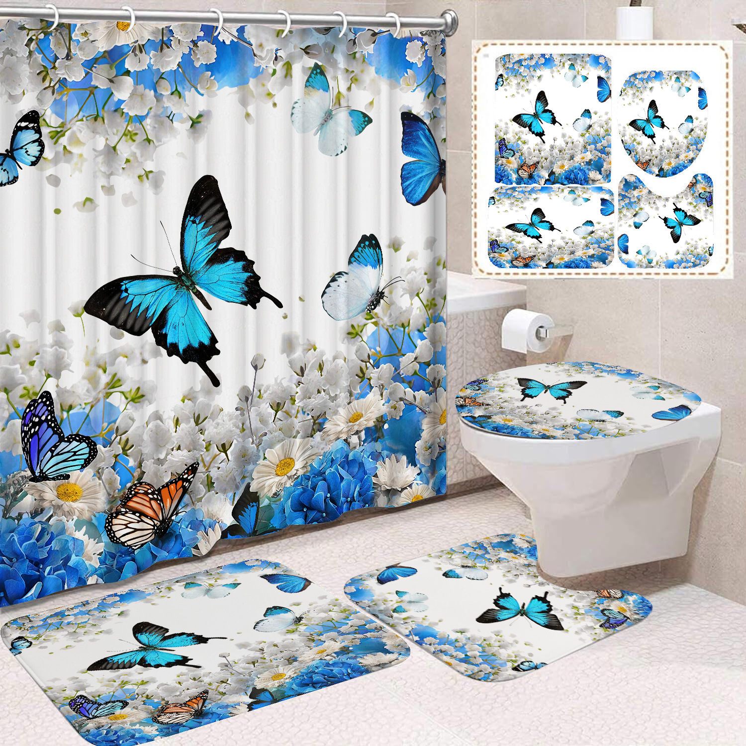 YL-38451 Home Decor Pink Butterfly and Flower Waterproof Shower Curtain Set (4 Pieces)