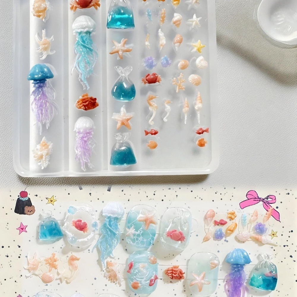 3D Silicone Nail Art Mold, Ocean Life Designs, Jellyfish, Seahorse, Shell, Whale, Conch, Crab, High Transparency, Perfect for DIY Manicures