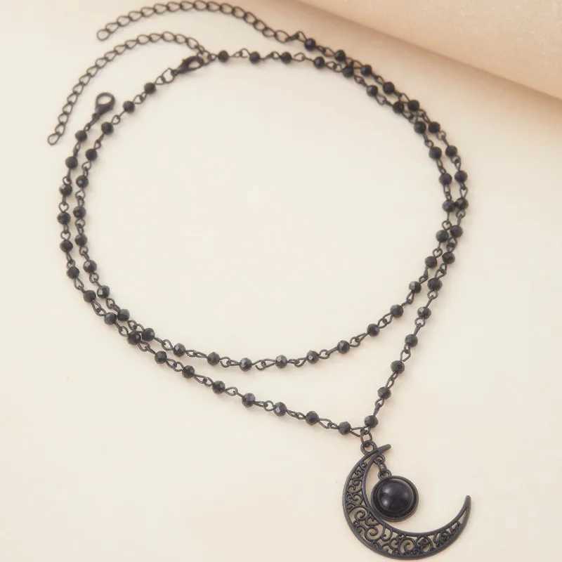 Gothic Retro Hollowed Out Moon Pendant Double Layered Necklace for Women Witch Dark Party Gift Outfit Accessory H260406