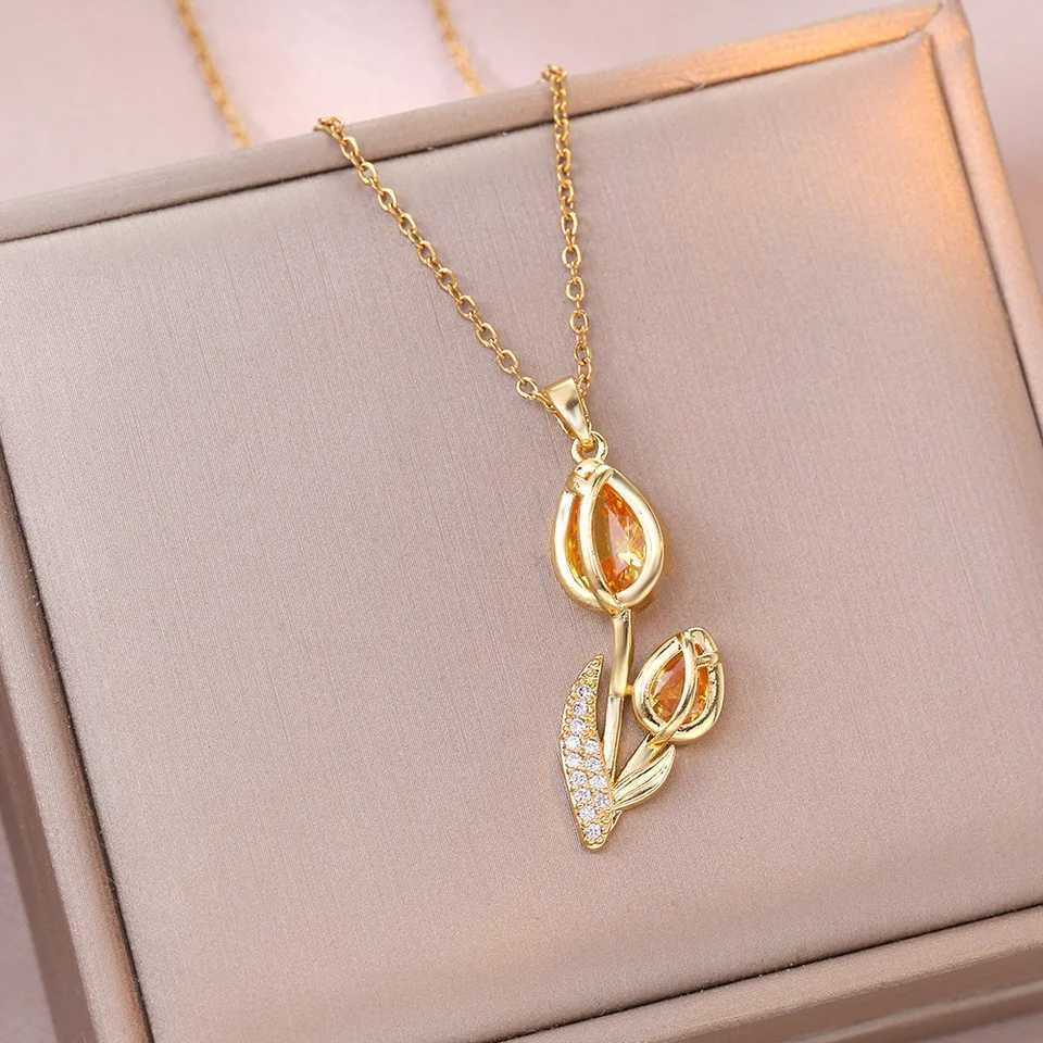 Elegant Enamel Tulip Flower Pendant Necklace for Women Girl Green Leaf Necklace Choker Party Jewelry Gift H260406
