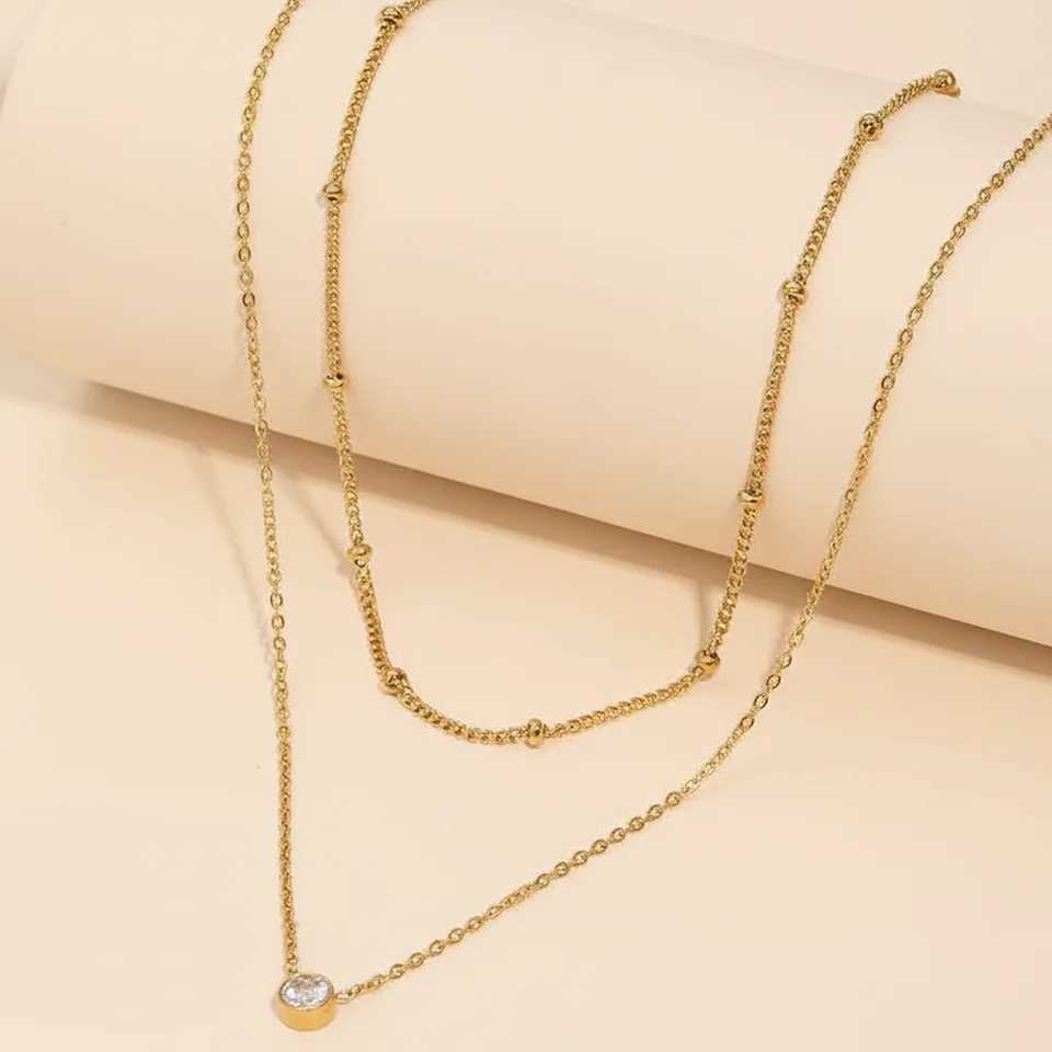 Stainless Steel Zirconia-Inlaid Pendant Double-Layer Necklace Ladies Refined Luxury Elegant Layered Beaded Necklace Jewellery H260406
