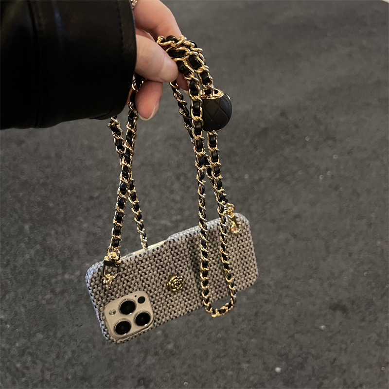 Designer Luxury Tweed Woven Phone Case For Iphone 16 15 14 Pro Max, Crossbody Chain Camellia Protective Cover For Women