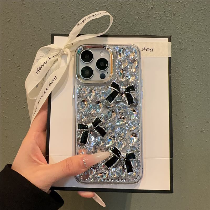 Designer Luxury Bling Full Rhinestone Phone Case For Iphone 16 15 14 Pro Max, Handmade 3D Black Bowknot Sparkle Crystal Diamond Protective Cover For W