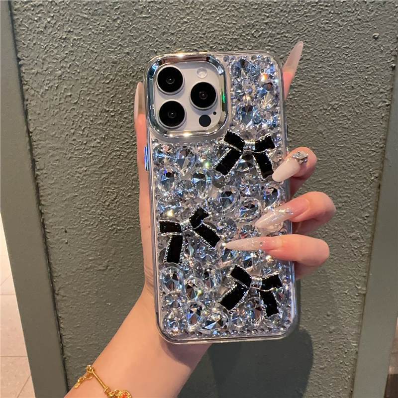 Designer Luxury Bling Full Rhinestone Phone Case For Iphone 16 15 14 Pro Max, Handmade 3D Black Bowknot Sparkle Crystal Diamond Protective Cover For W