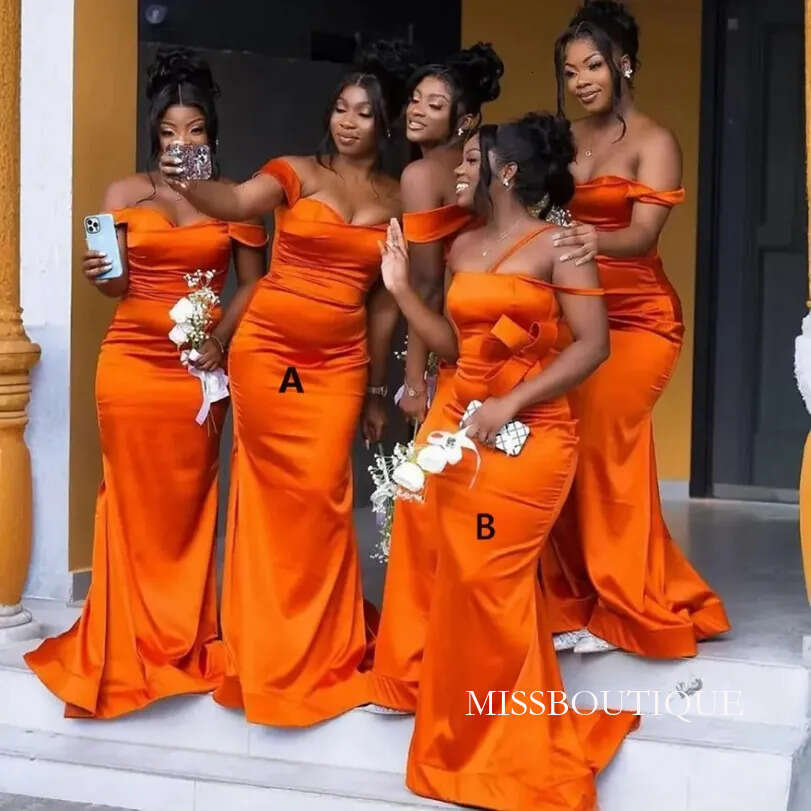 2025 South African Orange Junior Bridesmaid Mermaid Elastic Satin Sweep Train Maid Of Honor Dresses Bride Gowns For Nigeria Black Women Girls Marriage