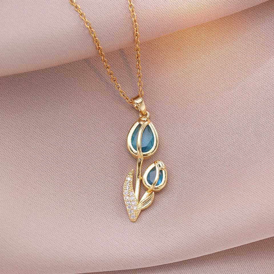 Elegant Enamel Tulip Flower Pendant Necklace for Women Girl Green Leaf Necklace Choker Party Jewelry Gift H260406