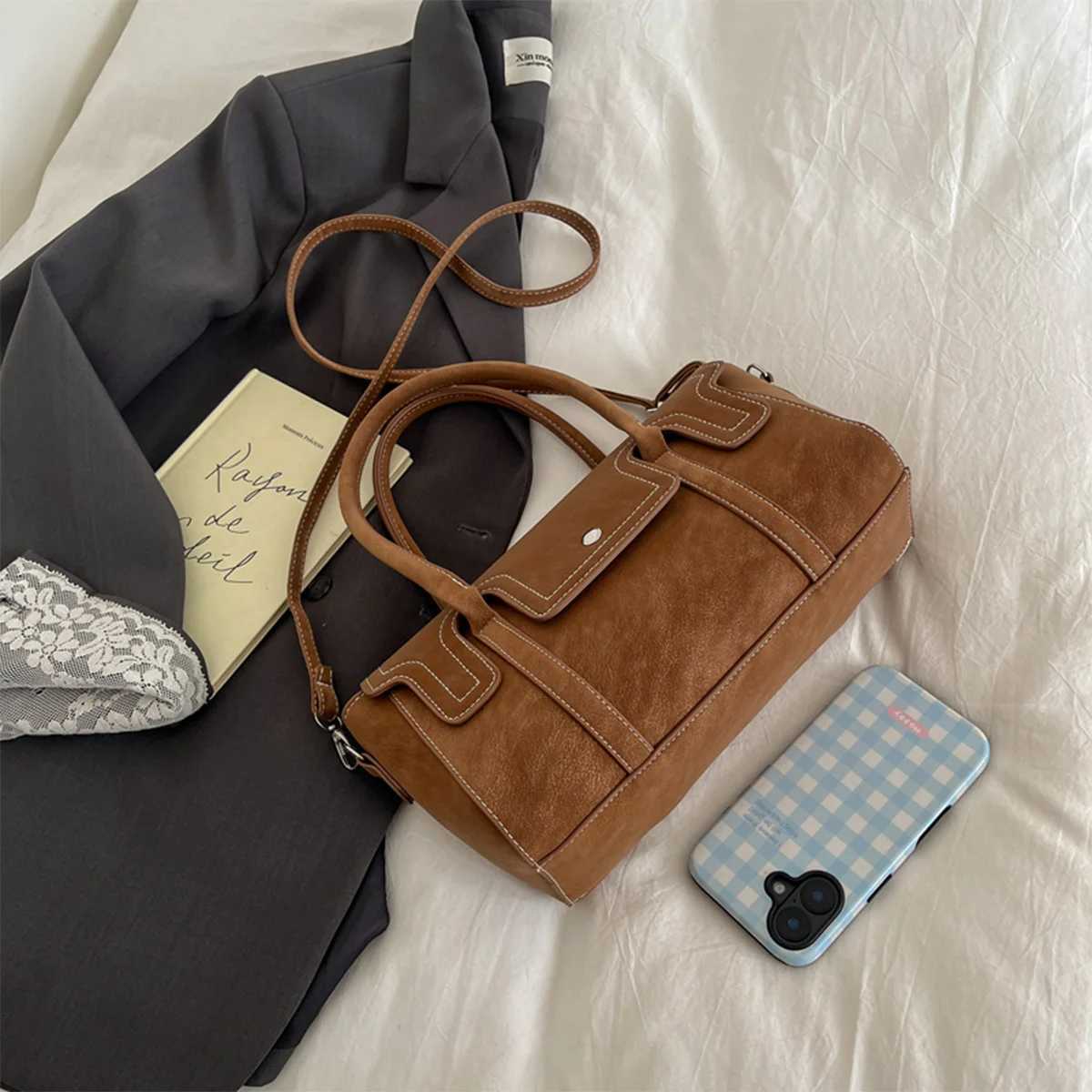 Trendy Retro Women Crossbody Bag Suede PU Quilted Handbag Solid Color Portable Shoulder Bag for Commute/Work C260406