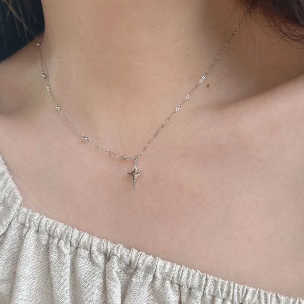 Classic Simple Four-pointed Star Pendant Necklace for Women Temperament Trend Silver Color Stainless Steel Cross Chokers Jewelry H260406