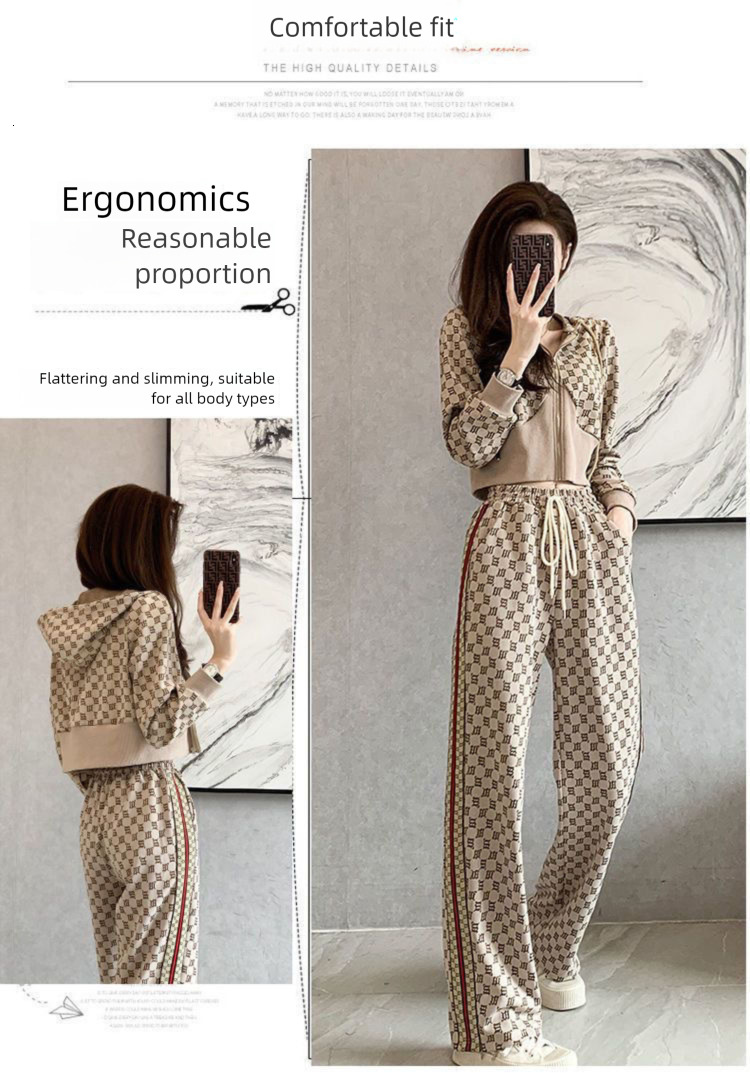 2026 Designer Set Luxury Fashion Geometric Printed Sports Top Summer Versatile Lightweight Women's Zipper Hoodie Loose Casual Pants Two Piece Set