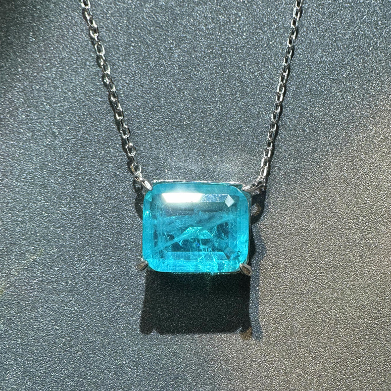 Rulalei Genuine 100% 925 Silver Emerald Cut Green Diamond Paraiba Pendant Necklace 18K Gold Fill Solitaire Necklace for Women Luxury Jewelry Gift