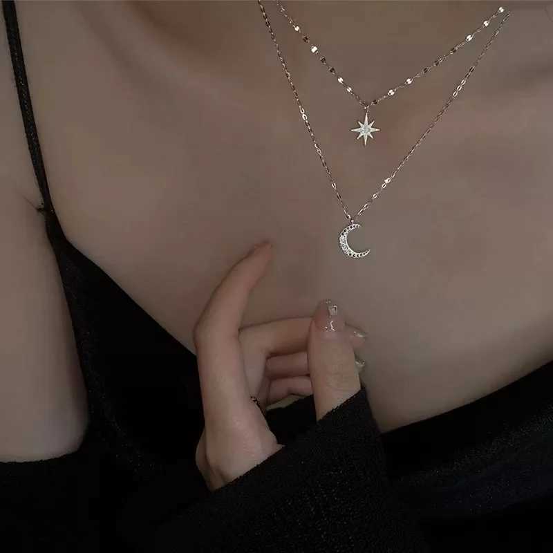 New Fashion Silver Color Double Layer Star Moon Necklace for Women Charm Delicate Zircon Wedding Pendant Choker Chain Jewelry H260406