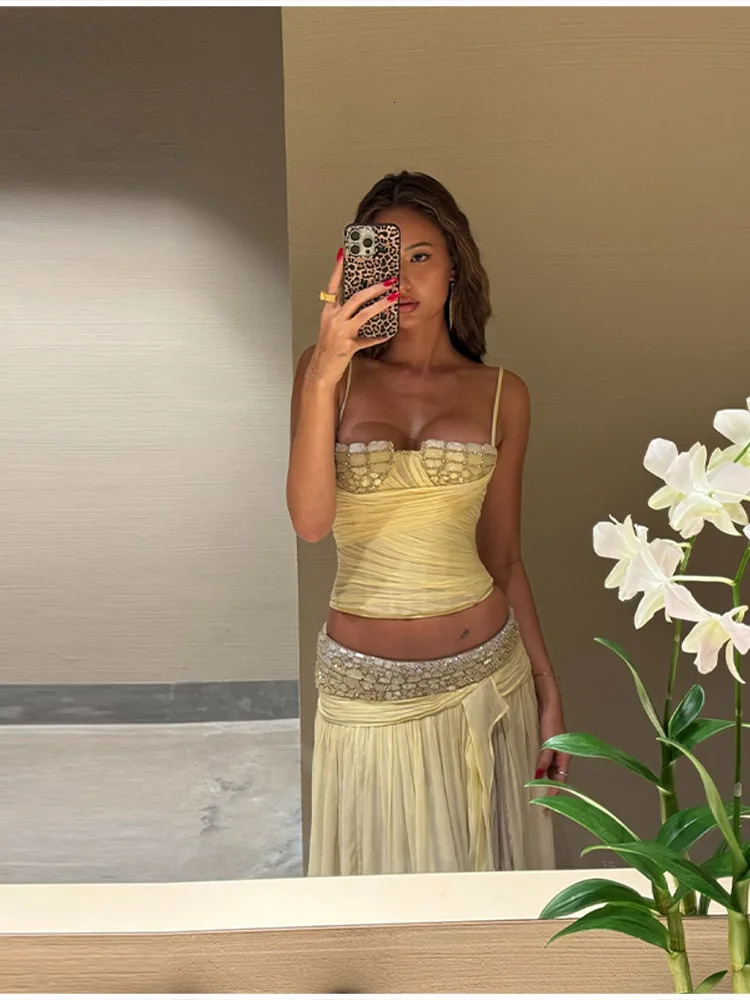 Boho Vacation Set Beaded Crop Top Rhinestone Chiffon Midi Skirt Women Beach Chic Dreamy Stylish Summer Female Outfits 260403