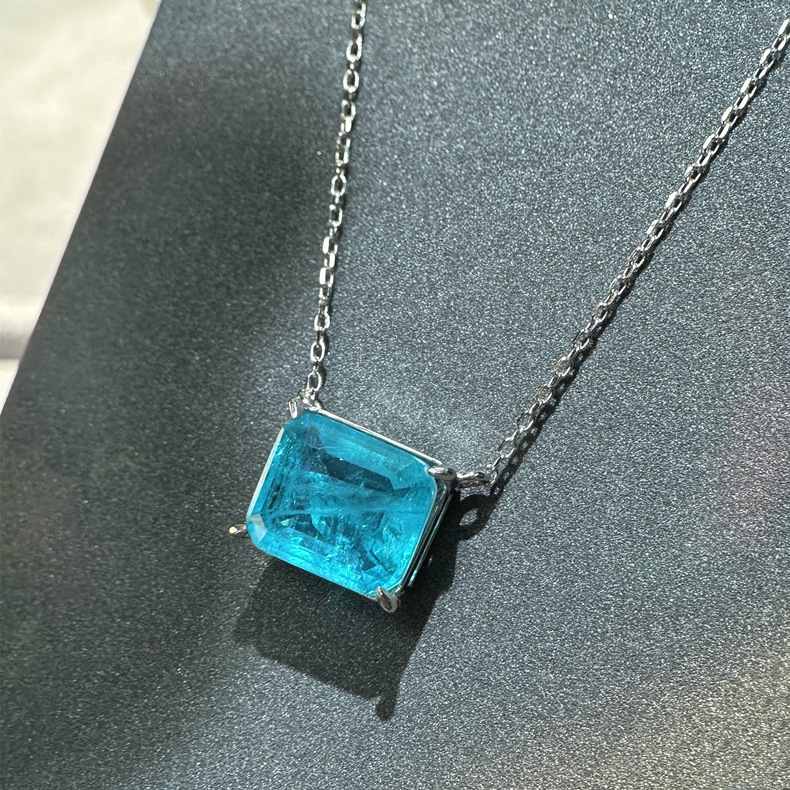 Rulalei Genuine 100% 925 Silver Emerald Cut Green Diamond Paraiba Pendant Necklace 18K Gold Fill Solitaire Necklace for Women Luxury Jewelry Gift
