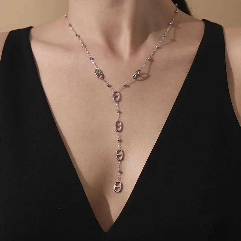 Premium Stainless Steel Long Necklace Trendy Pig Nose Style Y Shape Drop Pendant Waterproof Necklace for Women Girls Jewelry H260406