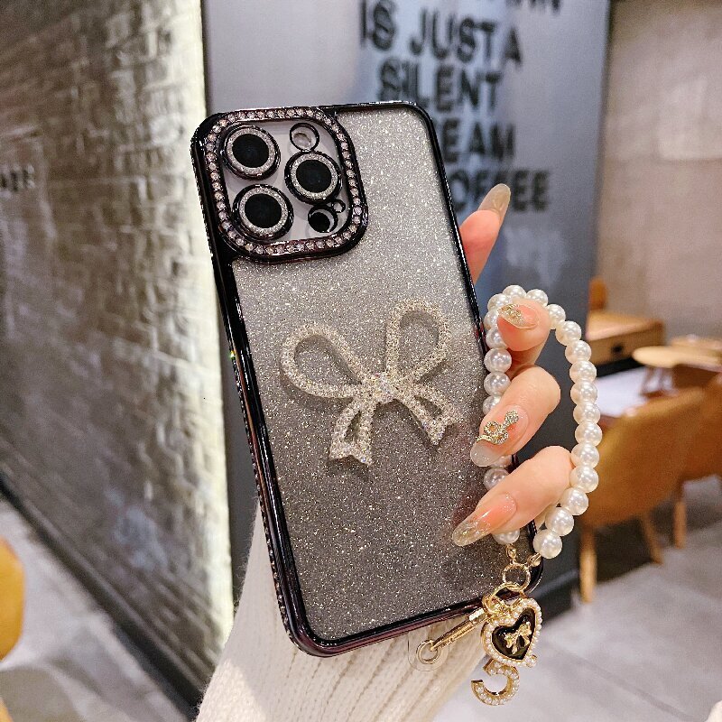 Designer Luxury Glitter Phone Case For Iphone 17 15 14 Pro Max 3D Bling Rhinestone Bowknot Protective Cover With Pearl Wrist Strap For Women
