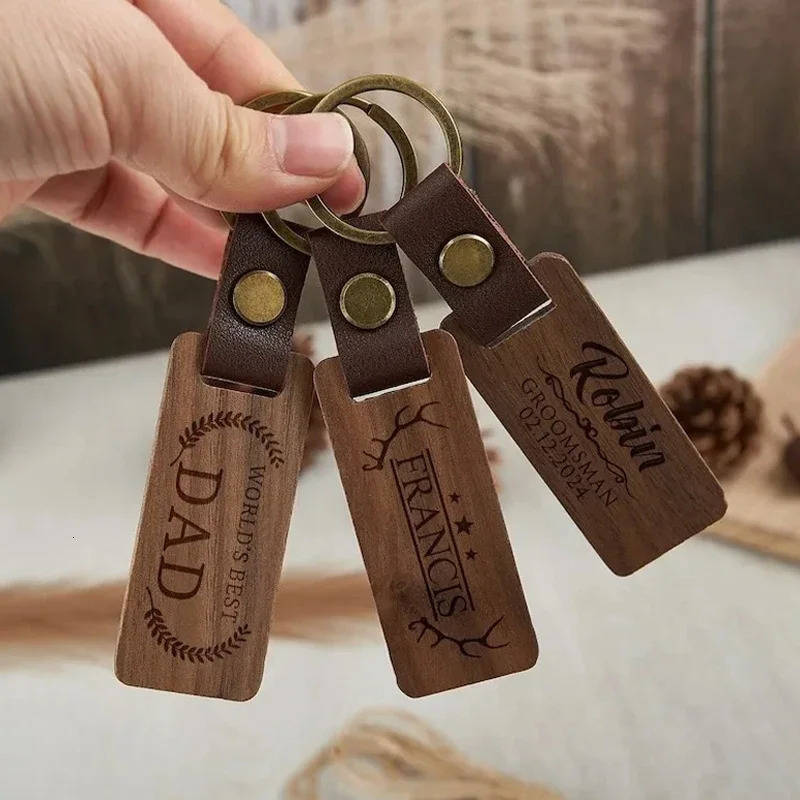 1PCS Free Custom Solid Wood Square Tag Key Chains Wooden Leather Car Keychain Accessories Fashion Bag Pendant Blank Wooden Card 260403BJ