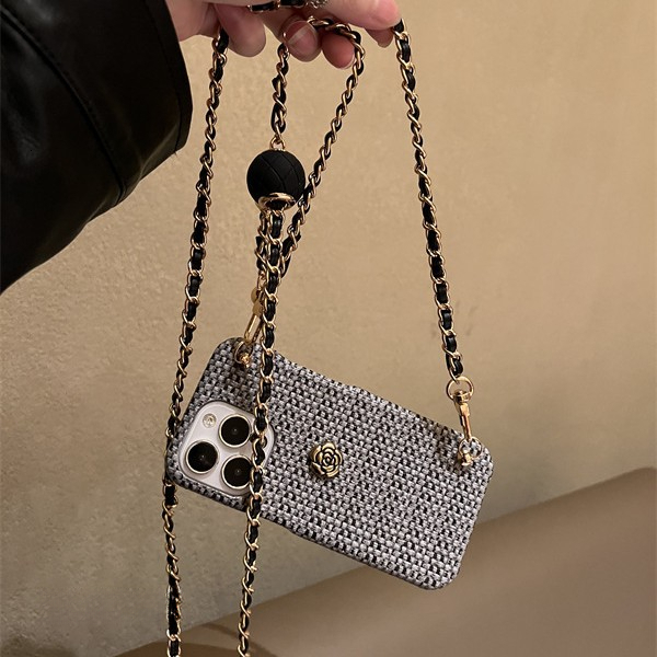 Designer Luxury Tweed Woven Phone Case For Iphone 16 15 14 Pro Max, Crossbody Chain Camellia Protective Cover For Women