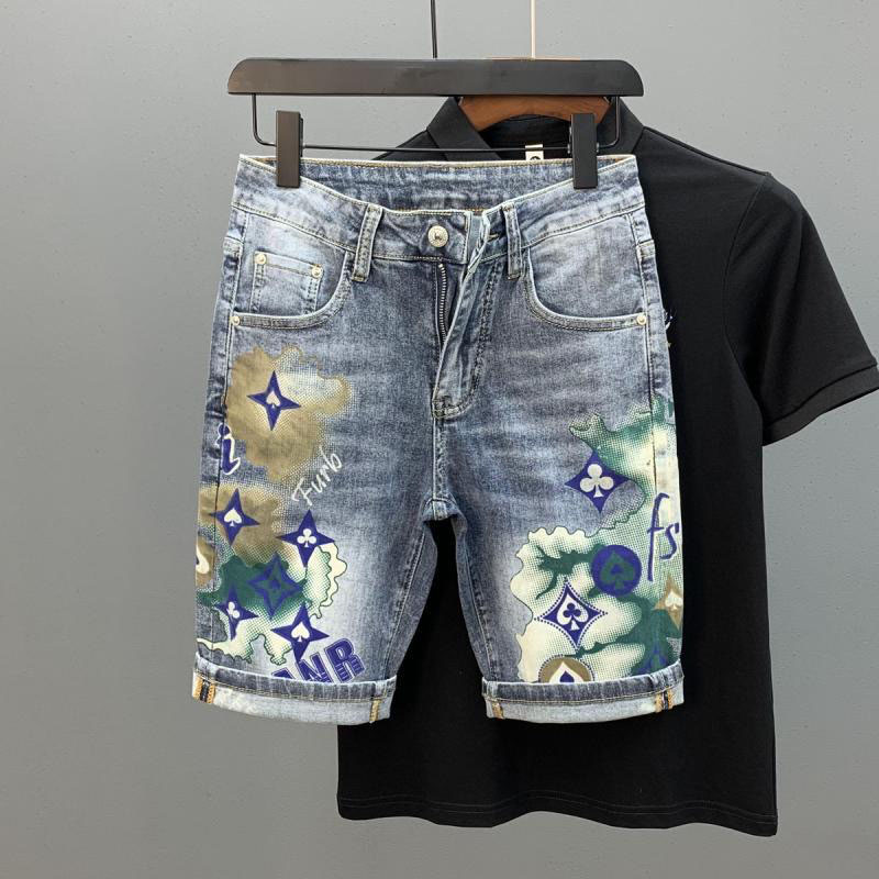 European Style Fashionable High-End Luxurious Printed Denim Shorts for Men - Thin Trendy Elastic Slim-Fitting Five-Pocket Pants - Little Joy