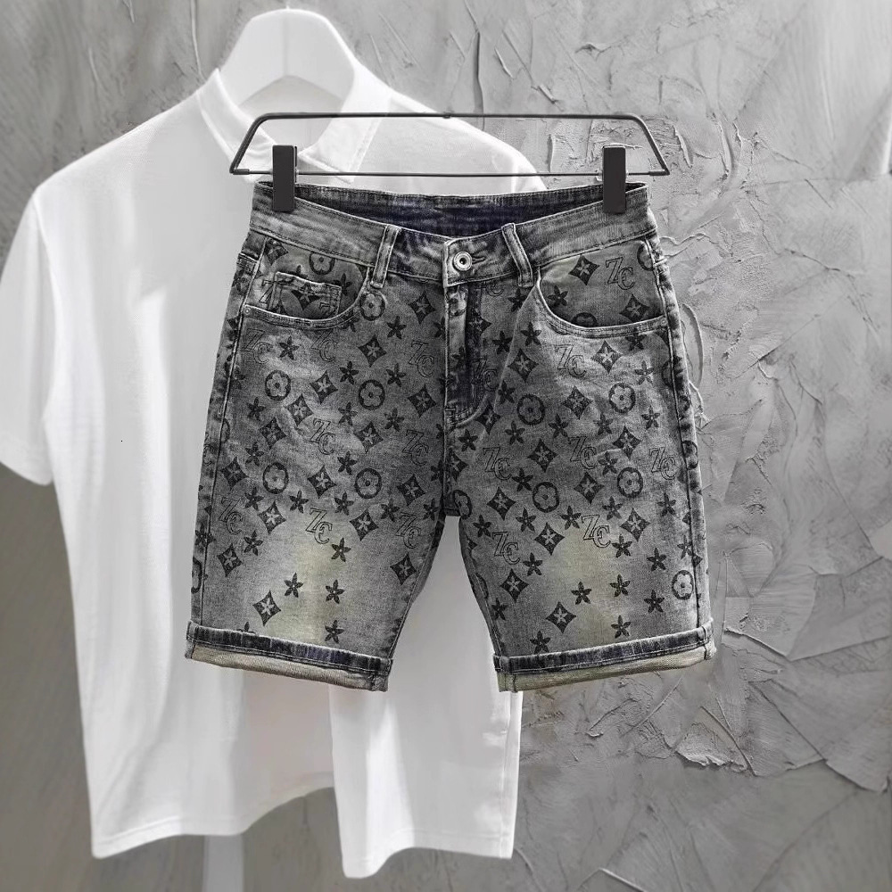 Luxury Brand Designer Clothes Summer High-End European-Style Printed Denim Shorts For Men, Slim-Fit, Korean-Style Trendy Mid-Length Pants