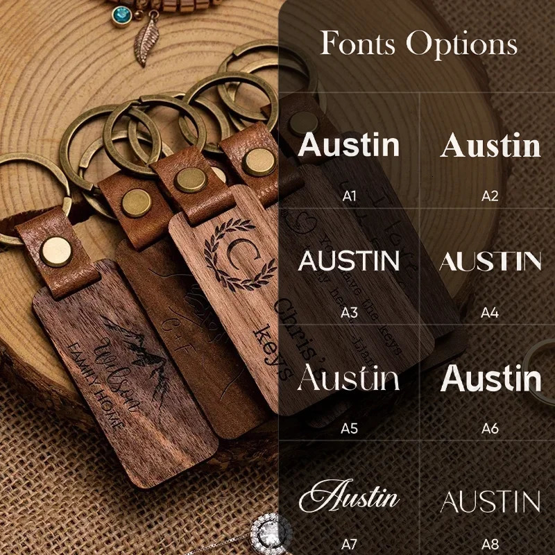 1PCS Free Custom Solid Wood Square Tag Key Chains Wooden Leather Car Keychain Accessories Fashion Bag Pendant Blank Wooden Card 260403BJ