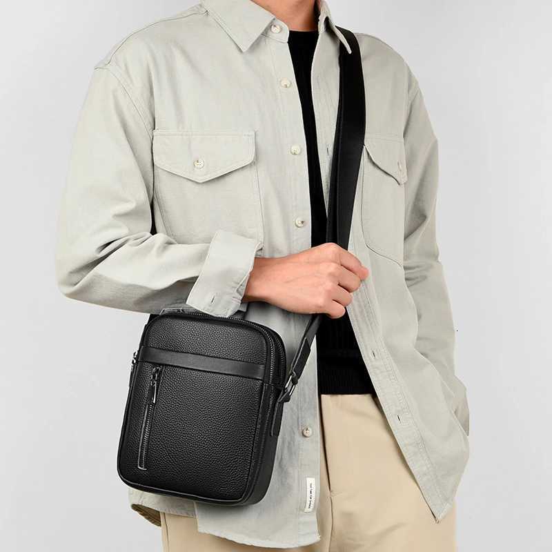 Mini Simple Mens Waterproof Genuine Leather Shoulder Bag Lightweight Black Cell Phone Bag Luxury High Quality Crossbody Bag C260406