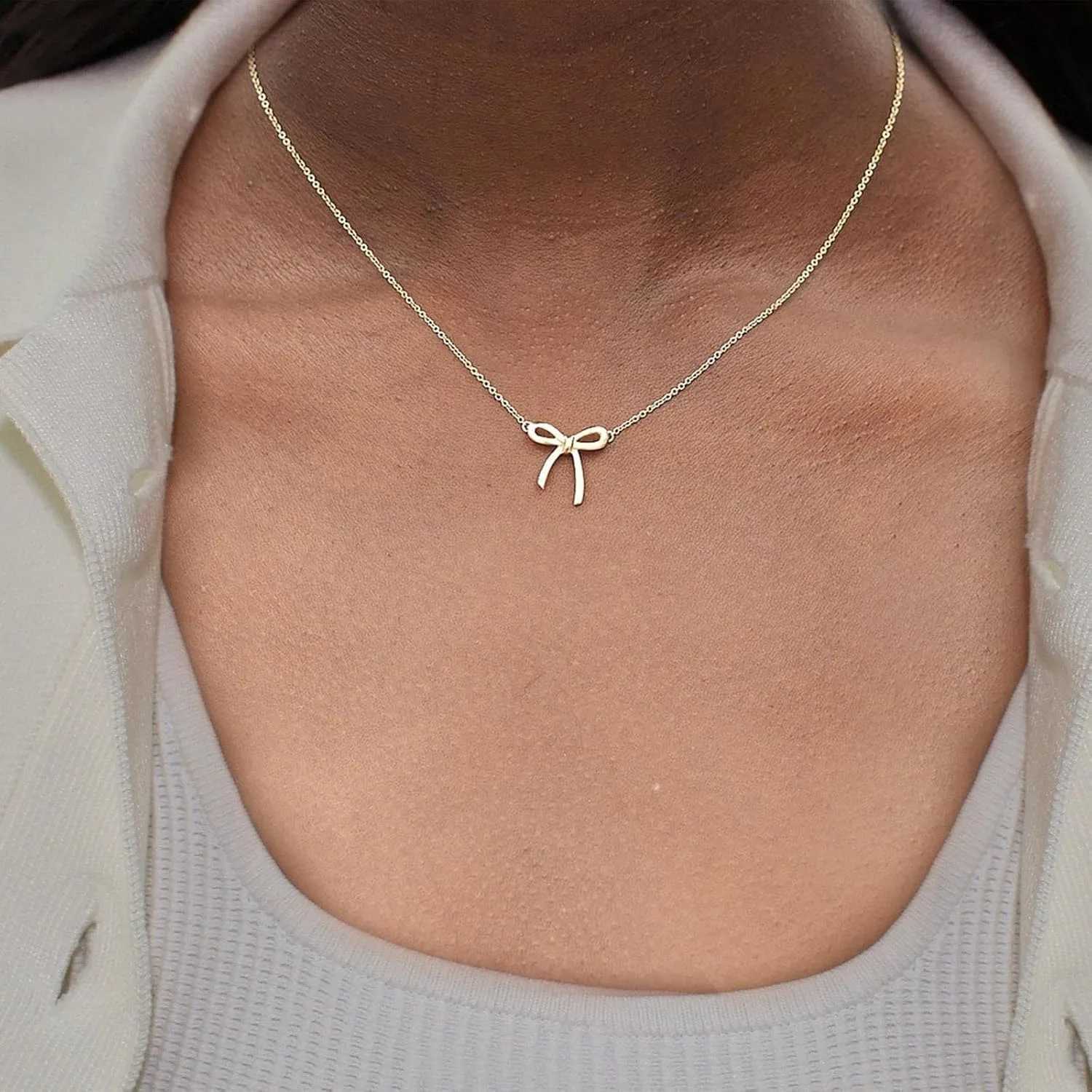 Gold Necklace for Women Bow Necklace Gold Silver Plated Necklace Cute Bow Pendant Choker Chain Necklaces for Women Jewelry Gift H260406