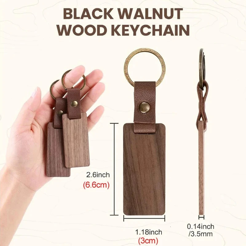 1PCS Free Custom Solid Wood Square Tag Key Chains Wooden Leather Car Keychain Accessories Fashion Bag Pendant Blank Wooden Card 260403BJ