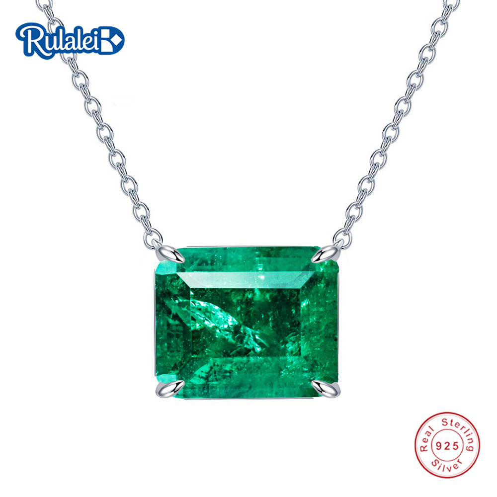Rulalei Genuine 100% 925 Silver Emerald Cut Green Diamond Paraiba Pendant Necklace 18K Gold Fill Solitaire Necklace for Women Luxury Jewelry Gift