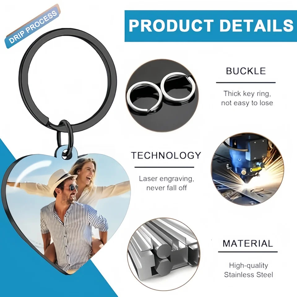 Amaxer Personalised Po Keyring Custom Keychain Engraved Pictures with Text Gift for Men Women Couple Wedding Anniversary 260403BJ - view 3