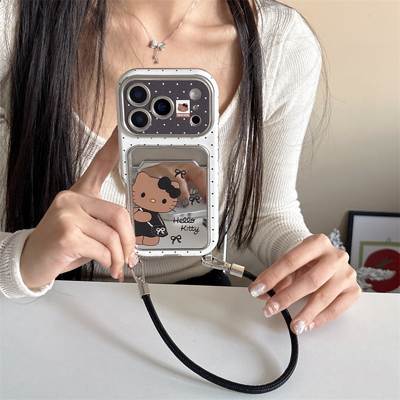 Electroplated Mirror Card Holder Case with Lanyard for iPhone 17 Pro 16 Pro Max 15 14
