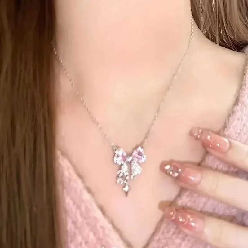 Fashion Fairy Pink Crystal Bow Knot Pendant Necklaces Y2K Girls Sweet Rhinestone Heart Clavicle Chain Women Jewelry Gifts H260406
