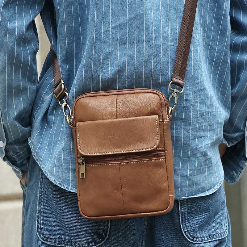 Genuine Leather mens crossbody bag high quality cowhide single-shoulder bag retro casual men small mobile phone message bag C260406