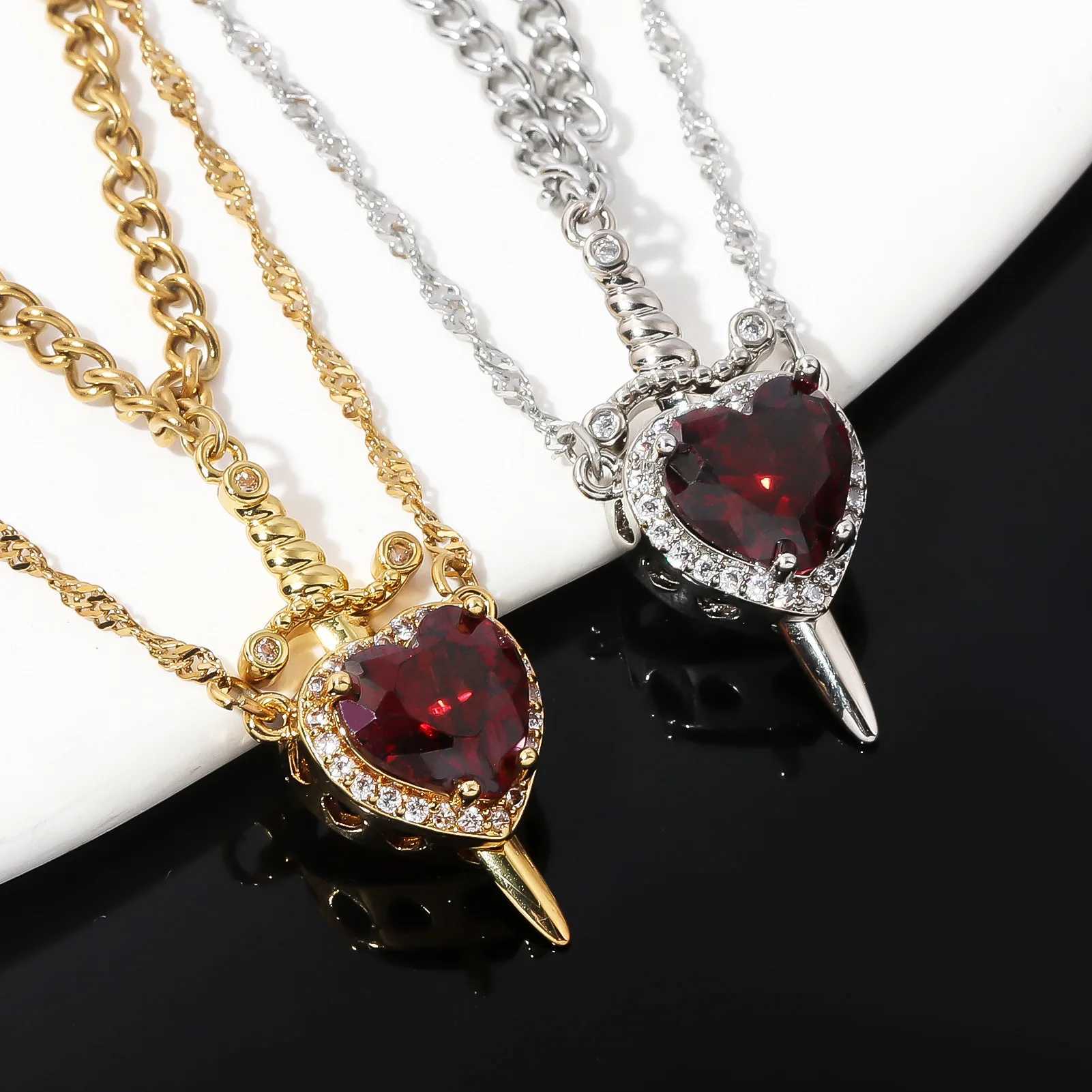Heart and Sword Necklace Couple Necklaces Zircon Crystal Ring Bracelet Necklace Jewelry Set for Romantic Valentines Day Gifts H260406