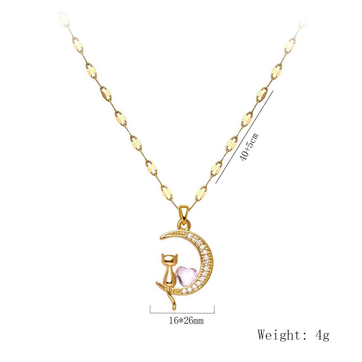 Womens Light Luxury Moon Cat Pendant Necklace Simple Trendy Stainless Steel Anti Allergic Jewelry for Niches H260406