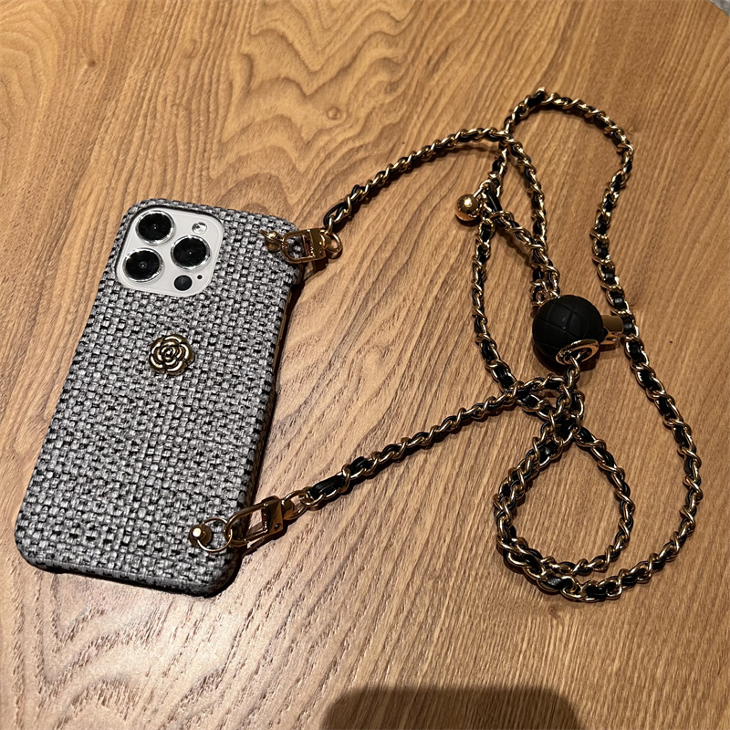 Designer Luxury Tweed Woven Phone Case For Iphone 16 15 14 Pro Max, Crossbody Chain Camellia Protective Cover For Women